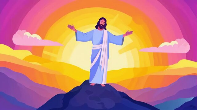 Jesus christ transfiguration in rays of holy light on top of the mountain cartoon art animation -- 4k stock video footage AI