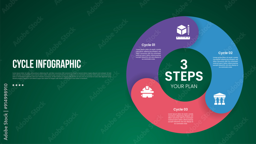 Wall mural cycle infographic with thick outline circle with round edge stacking with 3 point stage with modern 