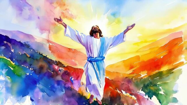 Jesus christ transfiguration in rays of holy light on top of the mountain watercolor art animation -- 4k stock video footage AI