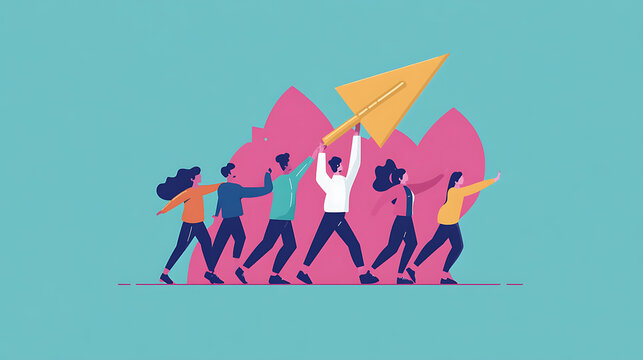 A group of people are holding a yellow paper airplane