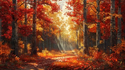Fototapeta premium A path winds through a vibrant autumn forest, sunlight filtering through the fiery foliage.