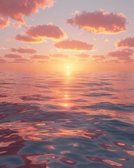 Fototapeta premium A serene sunset over a calm ocean, with pink and orange clouds reflecting in the water.