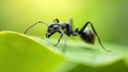 Black Ant on Green Leaf with Blurry Background