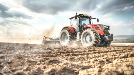 Obraz premium A powerful tractor cultivates the soil, creating dust clouds amidst a picturesque landscape, showcasing agricultural activity in a vibrant rural environment