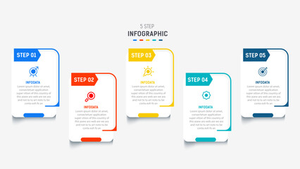 Obraz premium Five Step Infographic design element template for presentation. info graphic illustration. process diagram and presentations step, banner, flow chart, 5 option template.