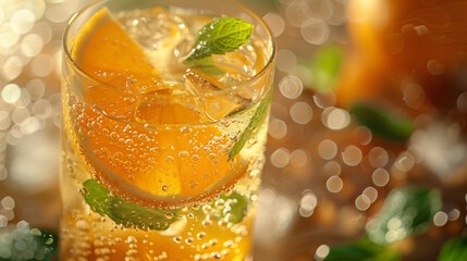An orange mojito surrounded by slices of orange fruit on an attractive background 