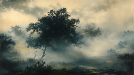 Obraz premium A Misty Forest Path with a Lone Tree in the Foreground