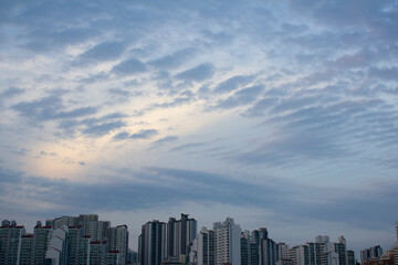 It is a sunset sky with flocks of clouds.