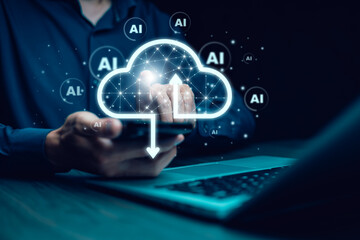 Business people using laptop with cloud computing system , Storage and data transfer Cloud network, Cloud technology. Networking and internet service, sharing download and upload and internet service