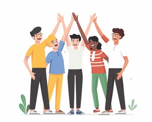 A startup team celebrates their success with high fives, expressing joy and camaraderie