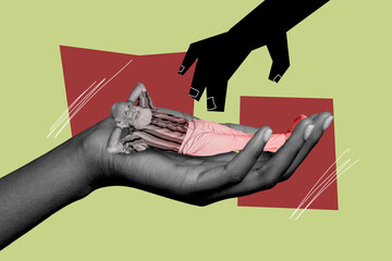 Creative collage lying pensioner grandfather human hand palm relaxation absurd surreal concept...