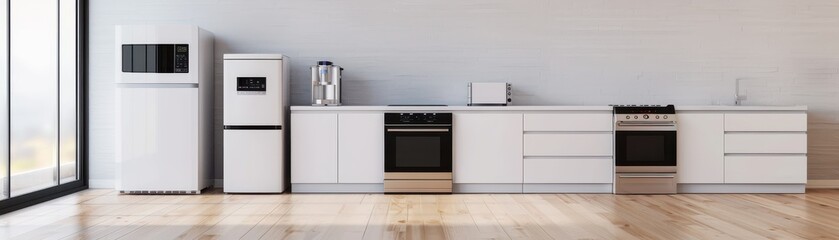 Fototapeta premium Modern kitchen interior featuring sleek appliances and a clean design, perfect for contemporary home decor inspiration.