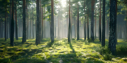 Obraz premium Sunlight Through Pine Trees In A Foggy Forest 3D Illustration