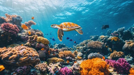 Fototapeta premium Sea Turtle Swimming Through Vibrant Coral Reef