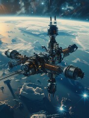 Naklejka premium A 3D depiction of a space station orbiting a planet, with high-quality digital art in good quality for a realistic appearance.