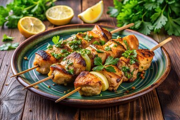 Savory grilled chicken skewer, marinated in aromatic herbs and spices, served hot on a vibrant plate, garnished with fresh parsley and lemon wedges.