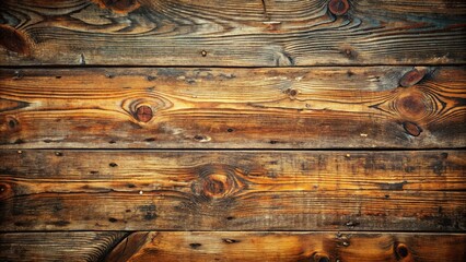 Weathered wooden surface features deep scratches, scuffs, and cracks, evoking a sense of vintage charm and nostalgia with its rustic, well-worn, and distressed appearance.