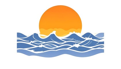 Fototapeta premium A bright orange sun setting over a mountainous landscape with blue waves in the foreground