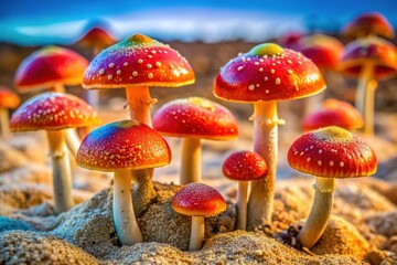 Obraz premium Vibrant, rare, and otherworldly mushrooms burst forth from arid, gravelly sand, their caps a kaleidoscope of colors, defying the harsh environment in which they thrive.