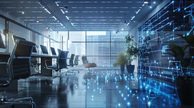 Futuristic office design with holographic connections in cool tones for seamless real virtual blend