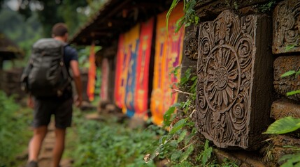 Obraz premium Adventurous Traveler Discovering Ancient Ruins Amidst Vibrant Festival Atmosphere