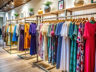 Vibrant dresses, tops, and pants on stylish hangers fill a trendy boutique, evoking a sense of fashionistas' paradise and enticing shoppers to explore the latest styles.