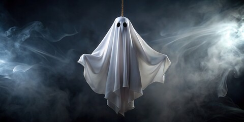 Ethereal, flowing white ghost decoration suspended in mid-air, casting an eerie silhouette against a dark backdrop, evoking a spooky Halloween atmosphere.