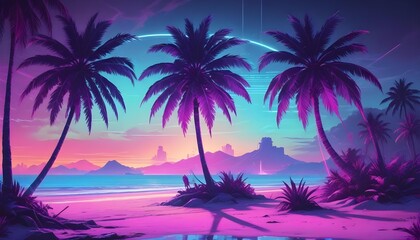 A tropical beach scene with palm trees silhouetted against a colorful sunset sky in shades of purple, blue, and orange