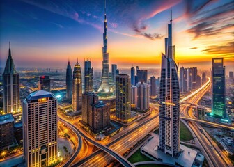 Obraz premium Breathtaking aerial panorama of Dubai Downtown's vibrant skyline transitioning from day to night, showcasing sleek skyscrapers and modern high-rises in a thriving urban metropolis, UAE.