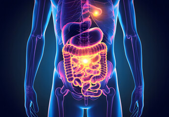 Human digestive system anatomy on blue color background. 3d illustration design