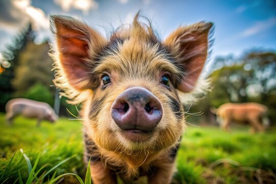 Adorable Kunekune pig's fluffy face and curly whiskers fill the frame, its tiny ears and snout radiating cuteness in a warm, natural outdoor setting.