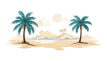 Fototapeta na wymiar A tropical beach scene with palm trees, mountains in the background, and a bright sun in the sky