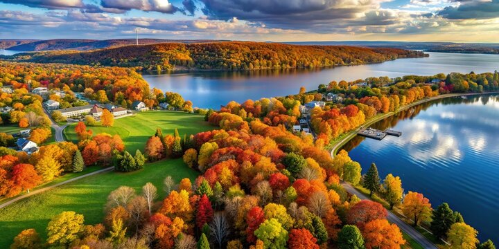 Breathtaking drone aerial view of Stewart Park nestled at the southern end of Cayuga Lake, surrounded by vibrant fall foliage, in Ithaca, New York.