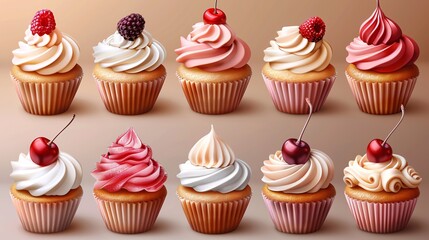 Iconic cupcake with frosted top and cherry, a delectable dessert for birthdays or celebrations from a bakery or confectionery.