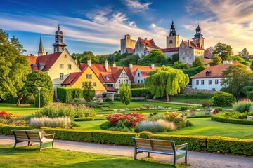 Serene morning scene in Almedalen Park, Visby, Sweden, with historic buildings in the background, surrounded by lush greenery and tranquil atmosphere.