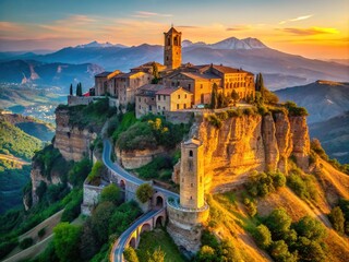 Naklejka premium Serene dawn breaks over Civita di Bagnoregio, a medieval hilltop town in Italy's Province of Viterbo, with warm light casting shadows on ancient stone buildings.