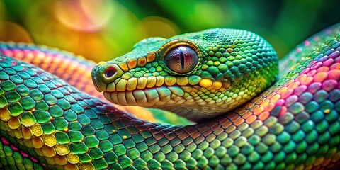 Fototapeta premium Vibrant exotic patterned snake's scales shimmer against a blurred green background, showcasing its intricate design in a mesmerizing display of natural beauty.