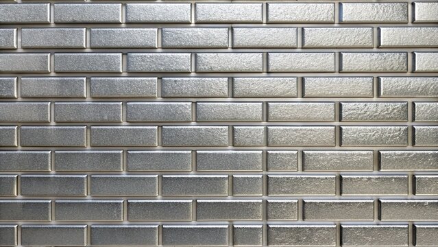 Fototapeta Glossy grey brick wall with vertical pattern, featuring straight rows of bricks with a sparkling surface, ideal background for interior and exterior design projects.