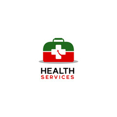 The simple logo concept combines a doctor bag, a health cross symbol, and an arrow symbol for a health company.