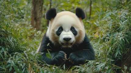 Obraz premium Adorable Panda Bear in Bamboo Forest