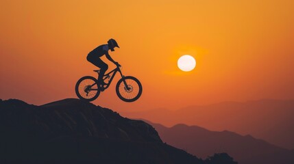 Fototapeta premium A man is riding a bike on a mountain with a sunset in the background