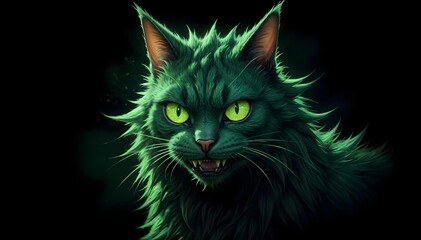 A close-up portrait of an angry green cat with glowing eyes and sharp teeth, set against a dark background