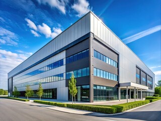 Obraz premium Modern industrial building exterior with sleek architecture and logo signage, representing a leading thermal technology company in Munich, Bavaria, Germany, on a sunny day.