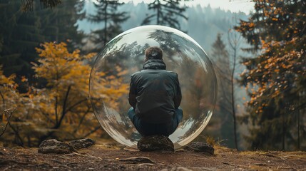 Man enclosed in transparent bubble in nature depicts profound sense of loneliness and isolation