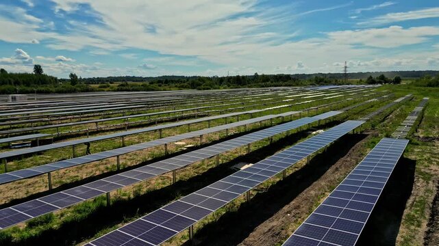 Missing solar panels in large photovoltaic park, low aerial establisher