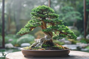 A dramatic Bonsai with the drooping branches, set against a simple backdrop