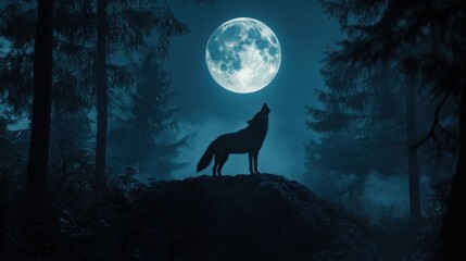 majestic wolf howls at the full moon in the mysterious forest, the night scene bathed in an ethereal glow.