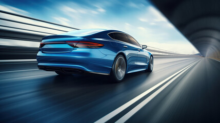 Obraz premium Rear view of blue business car in high-speed turn