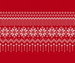 Christmas seamless pattern. Holiday knit background with snowflakes. Festive winter ornament. Knitted sweater print. Xmas geometric border. Fair isle traditional texture. Vector.