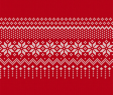 Christmas seamless pattern. Holiday knit background with snowflakes. Festive winter ornament. Knitted sweater print. Xmas geometric border. Fair isle traditional texture. Vector.